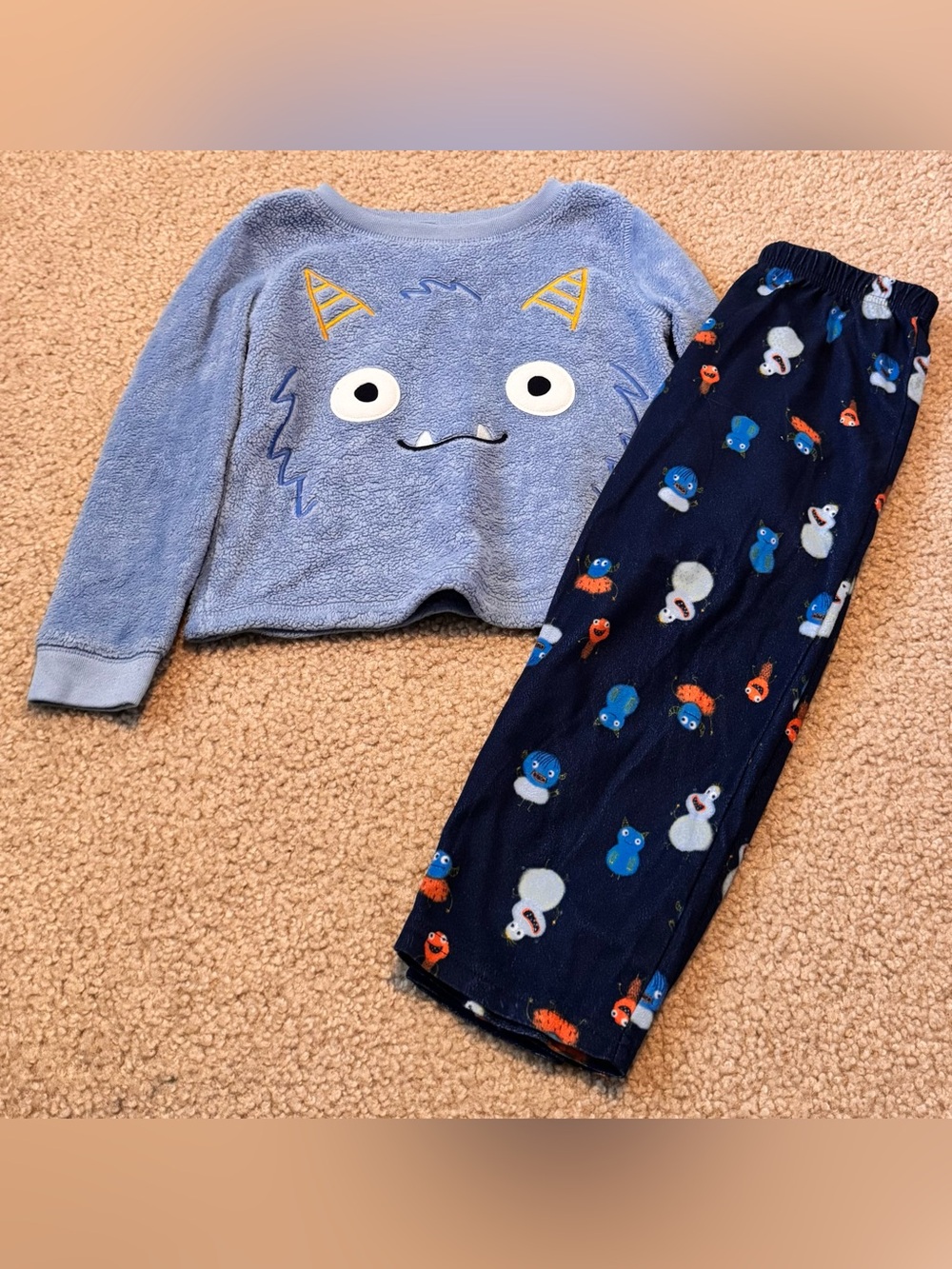 Blue Monster Fleece Kids Pajama Set - Soft Pullover & Navy Printed Pants